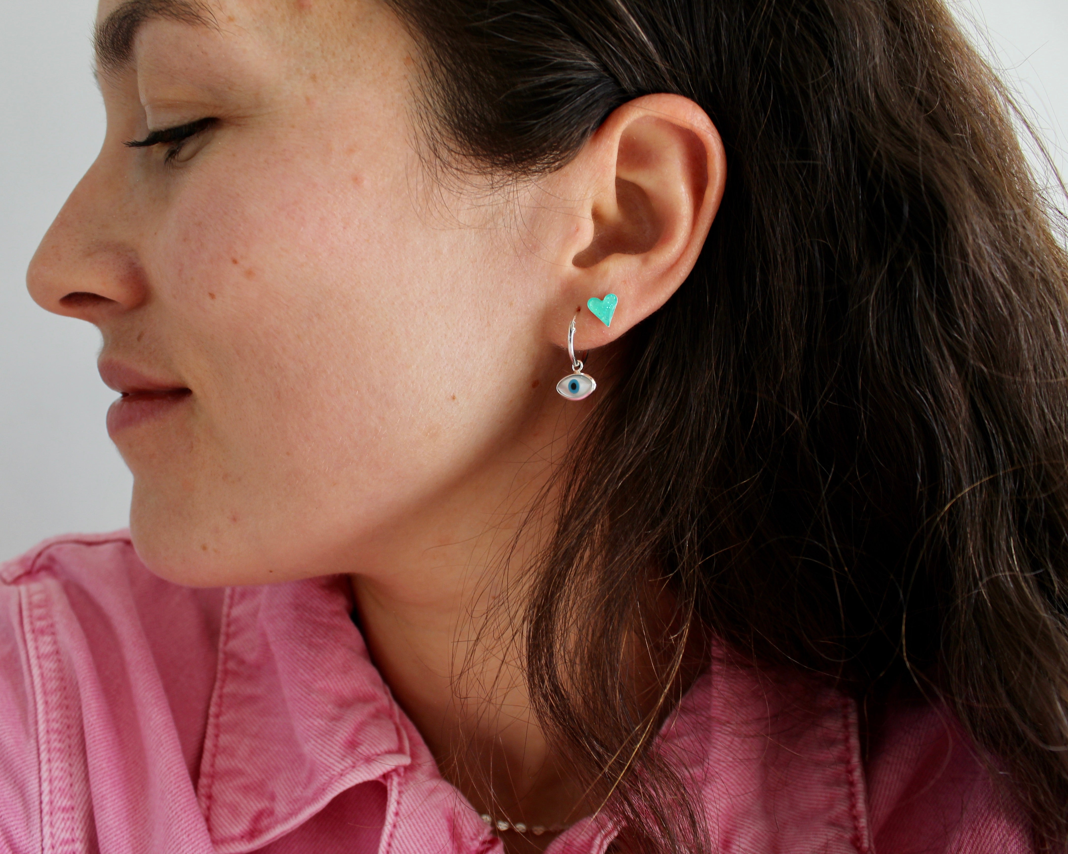 COEUR, boucle d'oreille argent sterling, émail, vert.