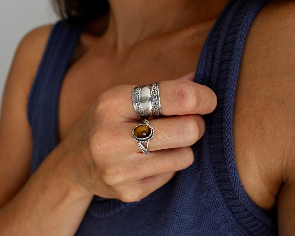 BONHEUR, bague argent sterling & pierre semi-précieuse, oeil-de-tigre.