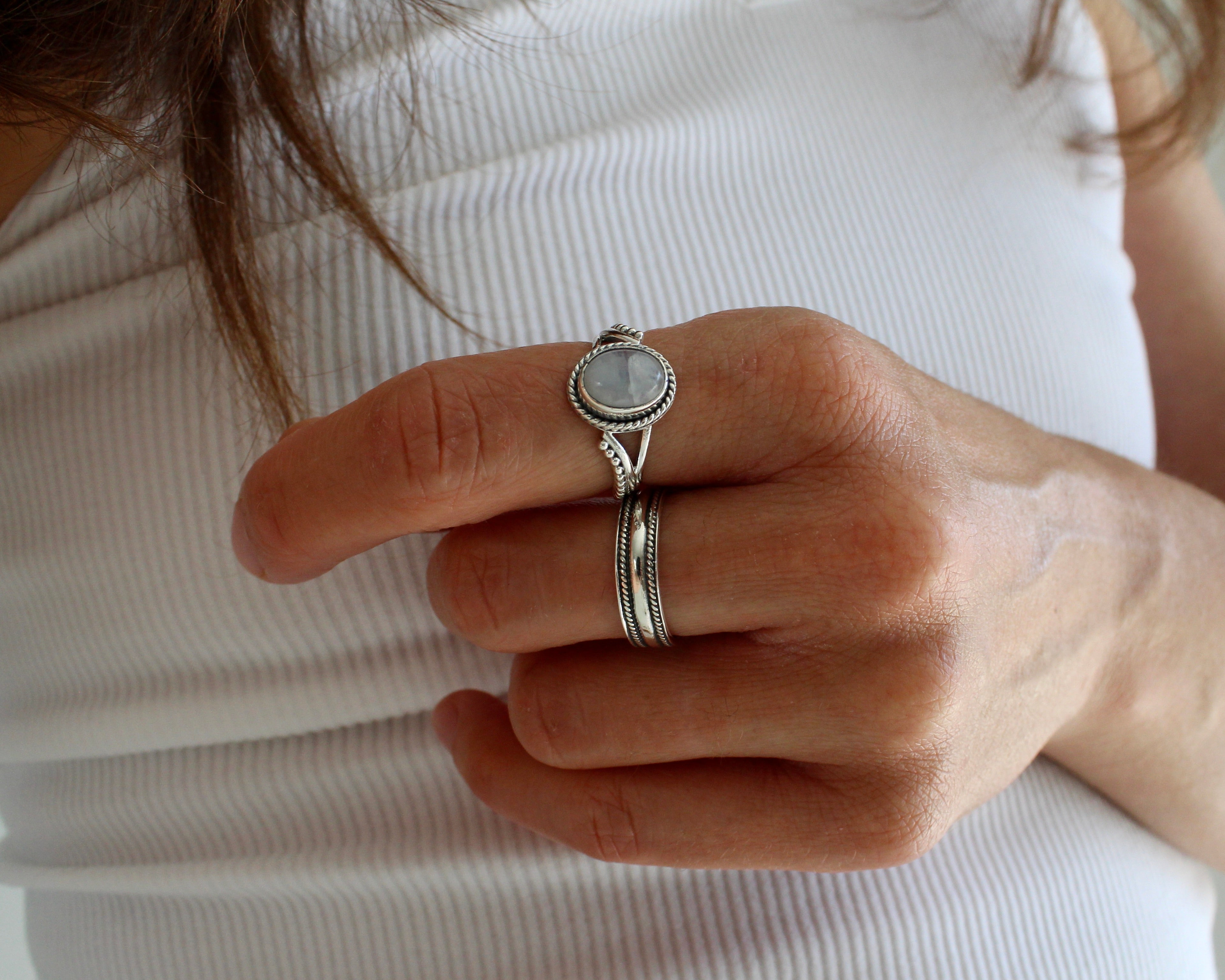 BONHEUR, bague argent sterling, pierre de lune.