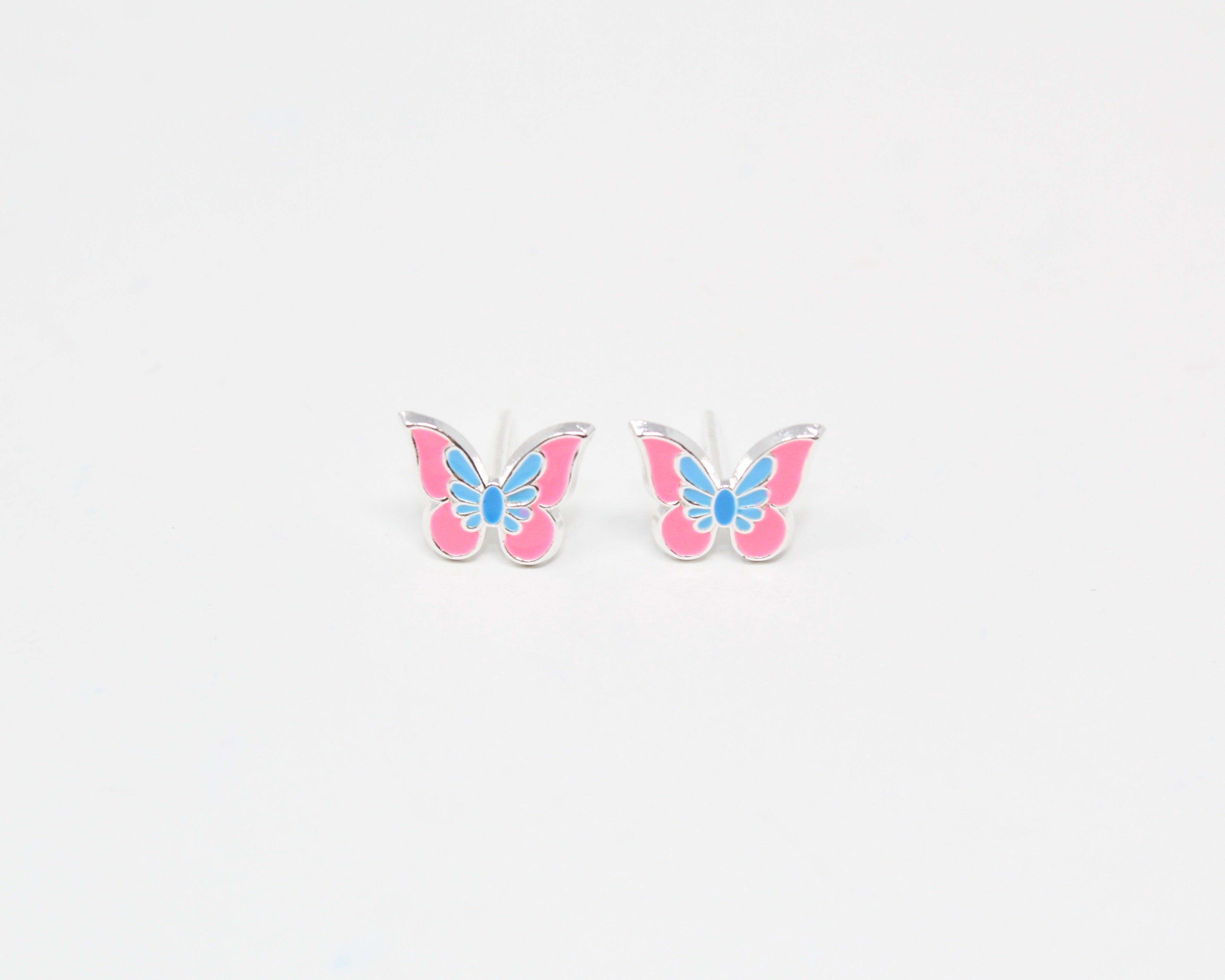 PAPILLON, boucle d'oreille argent sterling, émail, rose.