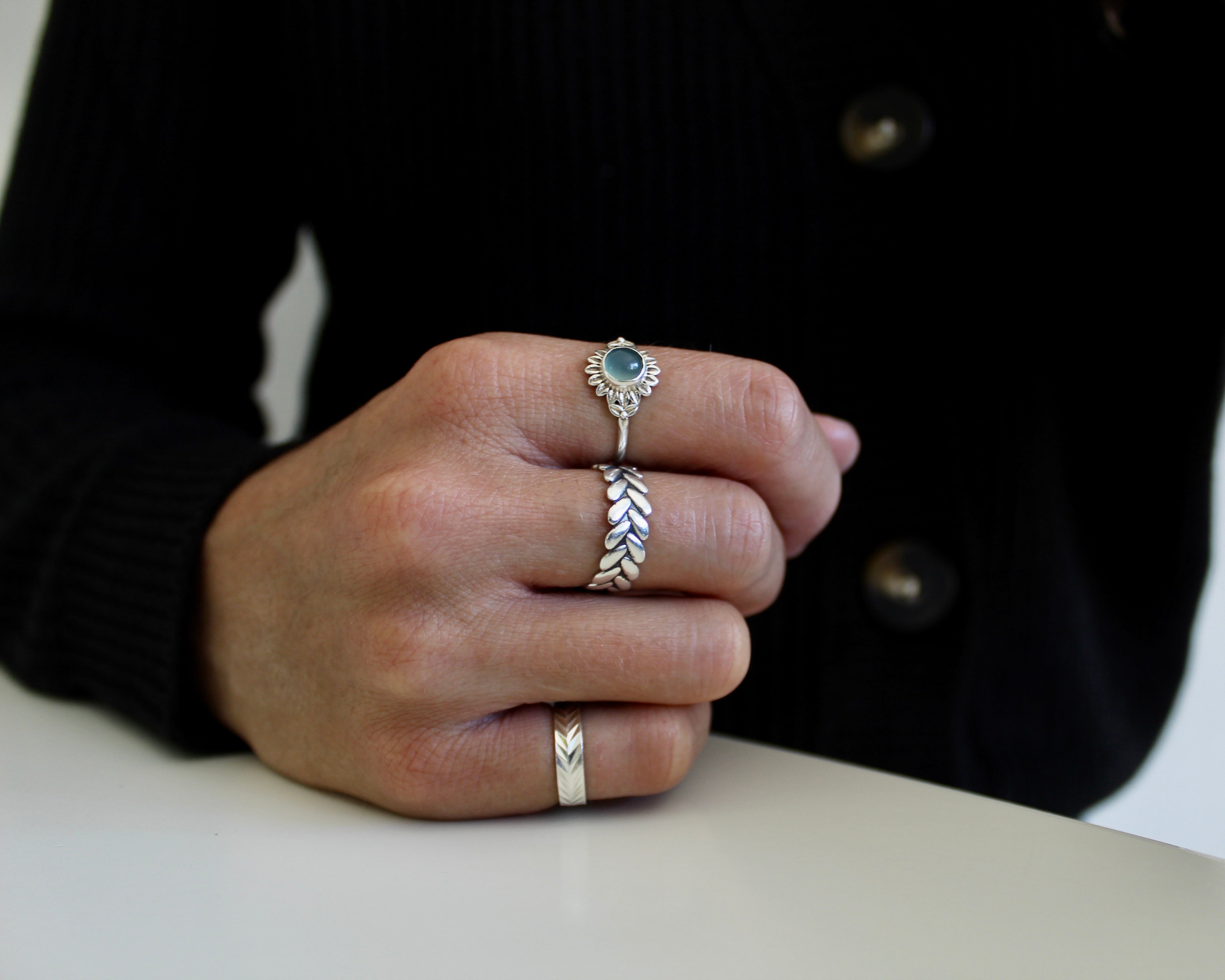 SOLITAIRE, bague argent sterling & pierre semi-précieuse, CALCÉDOINE.