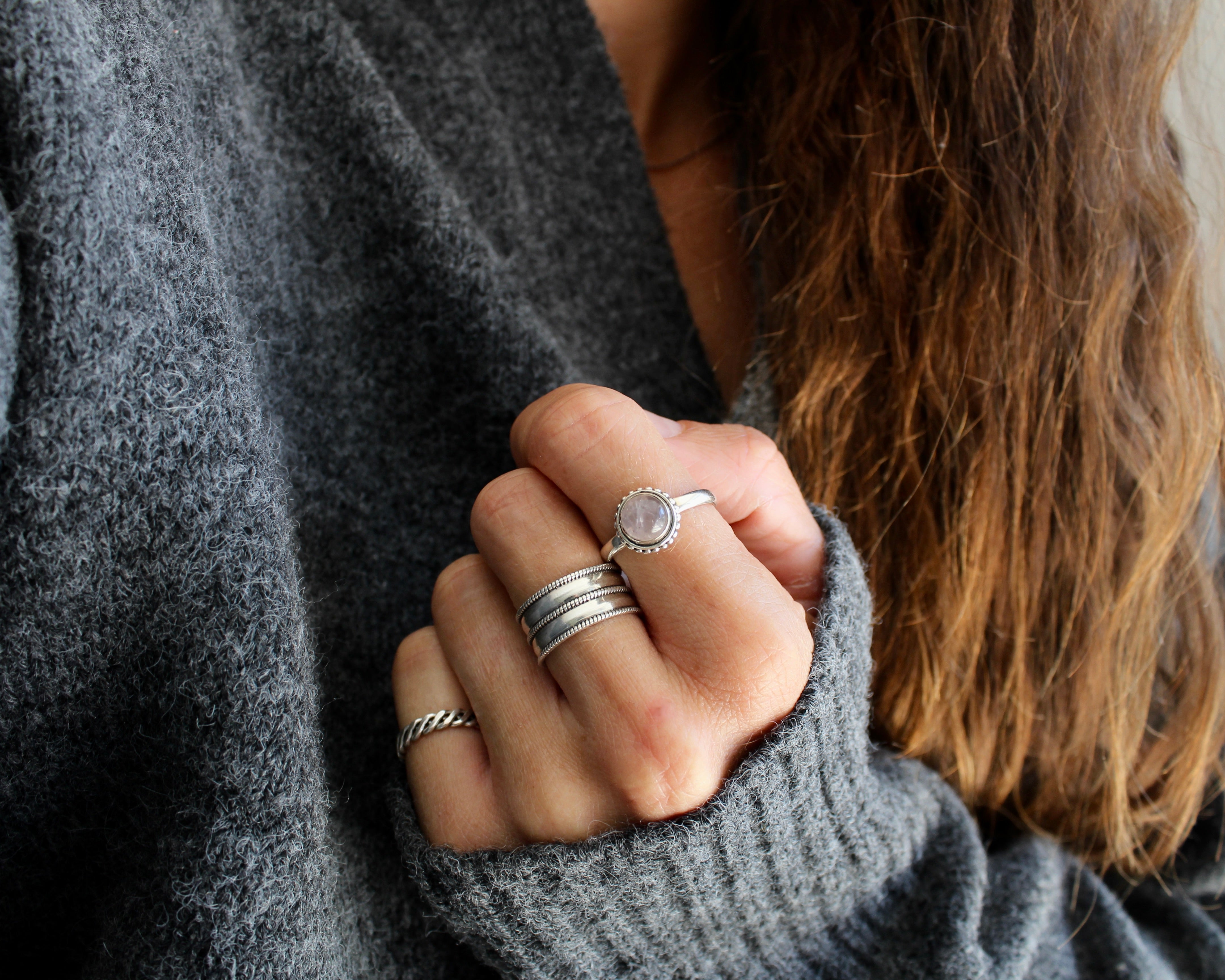 JUSTE, bague argent sterling & pierre semi-précieuse, quartz rose.