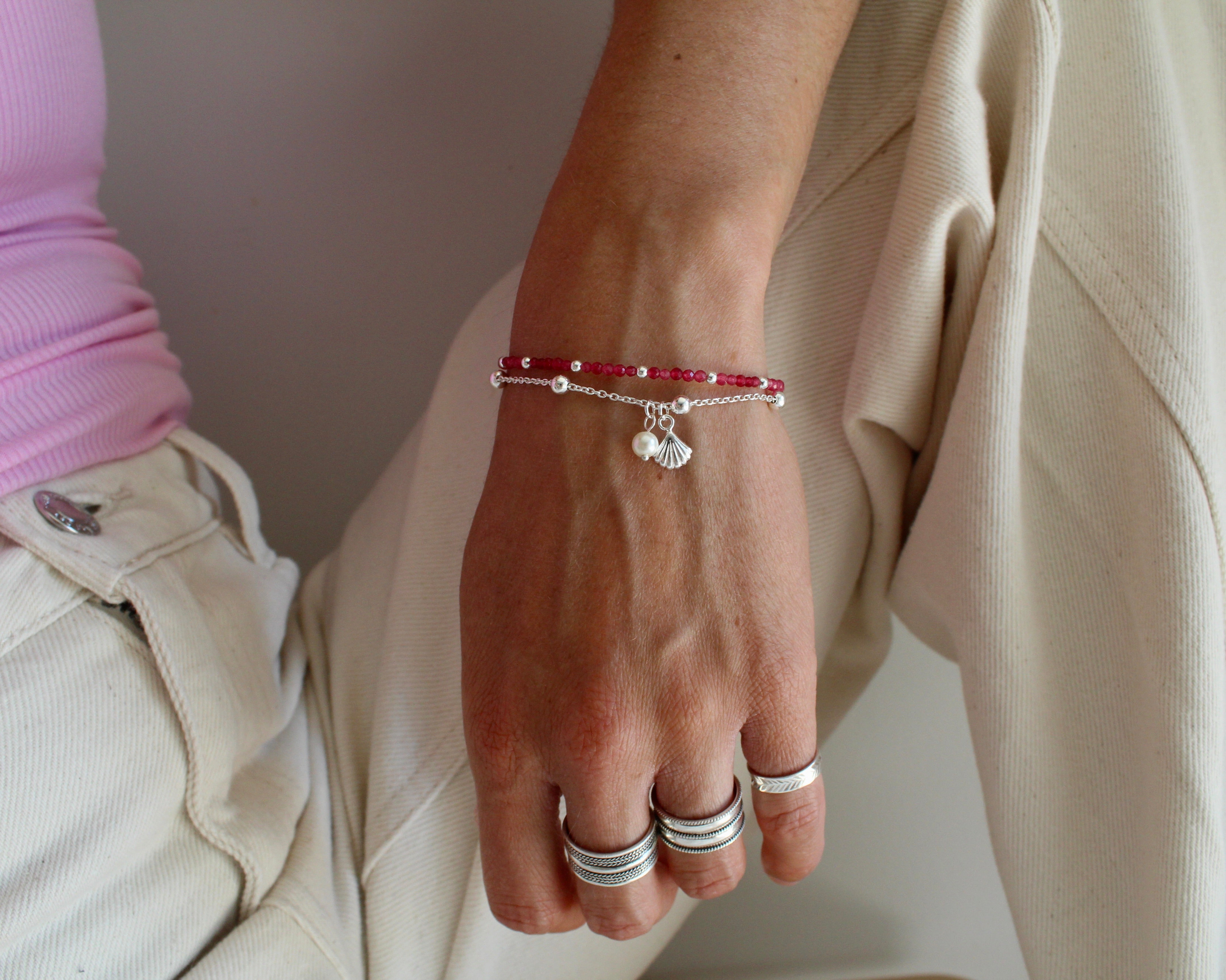 COQUILLAGE, bracelet argent sterling et perle.