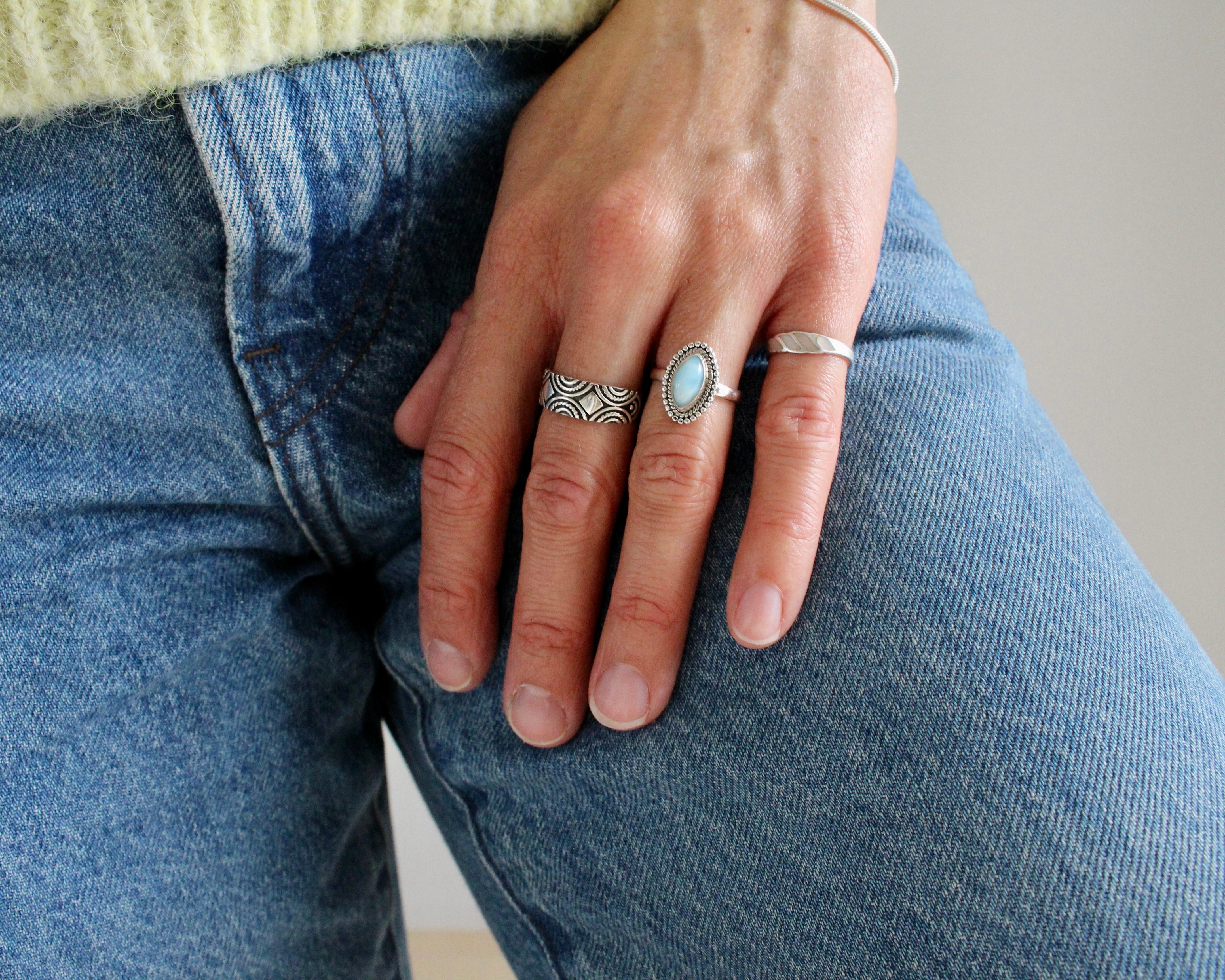 ILLUSION, bague argent sterling et pierre semi-précieuse, larimar.