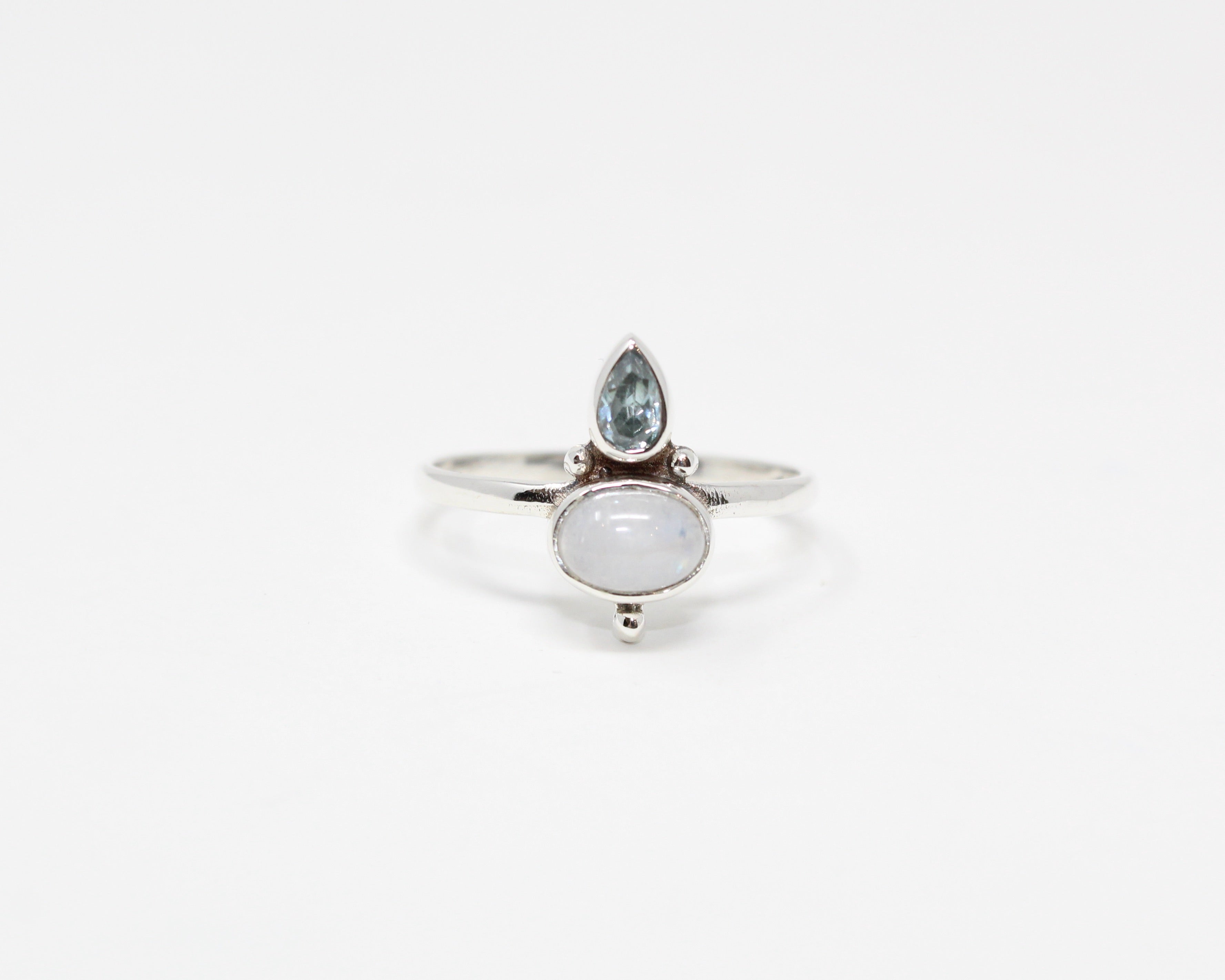 MERVEILLE, bague argent sterling et pierre semi-précieuse, pierre de lune & aigue-marine.