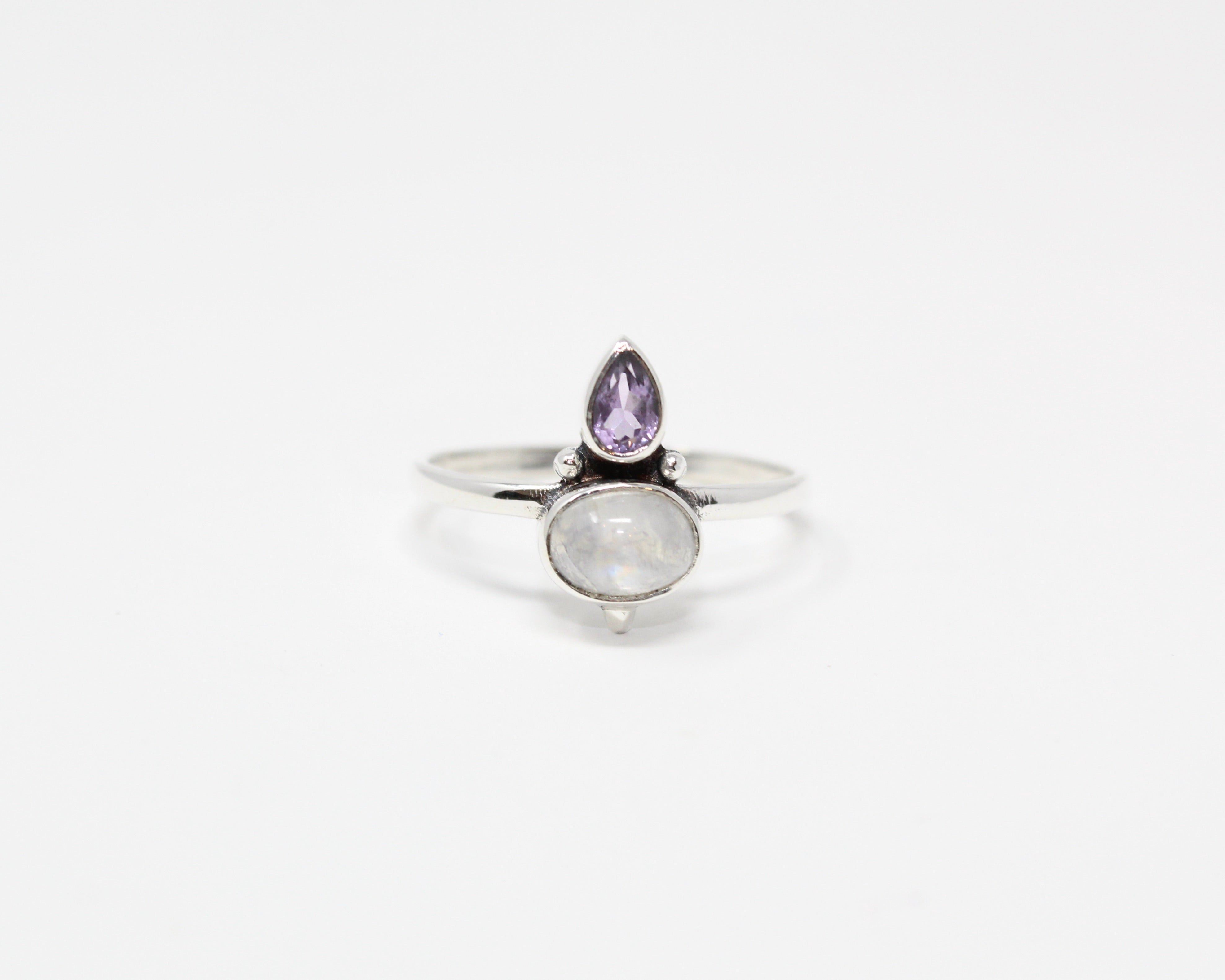 MERVEILLE, bague argent sterling et pierre semi-précieuse, pierre de lune & améthyste.