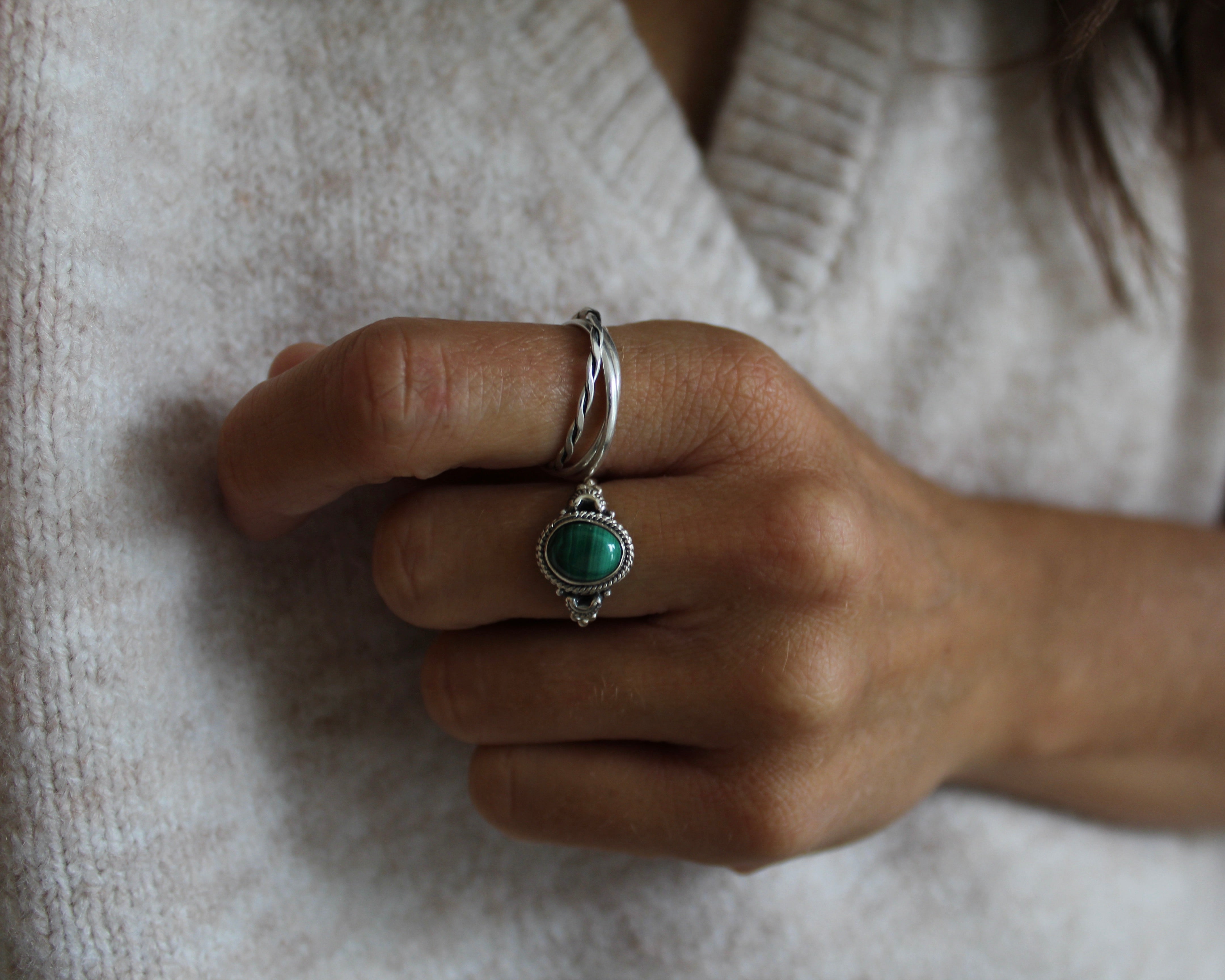 COURAGE, bague en argent sterling et pierre semi-précieuse, MALACHITE..