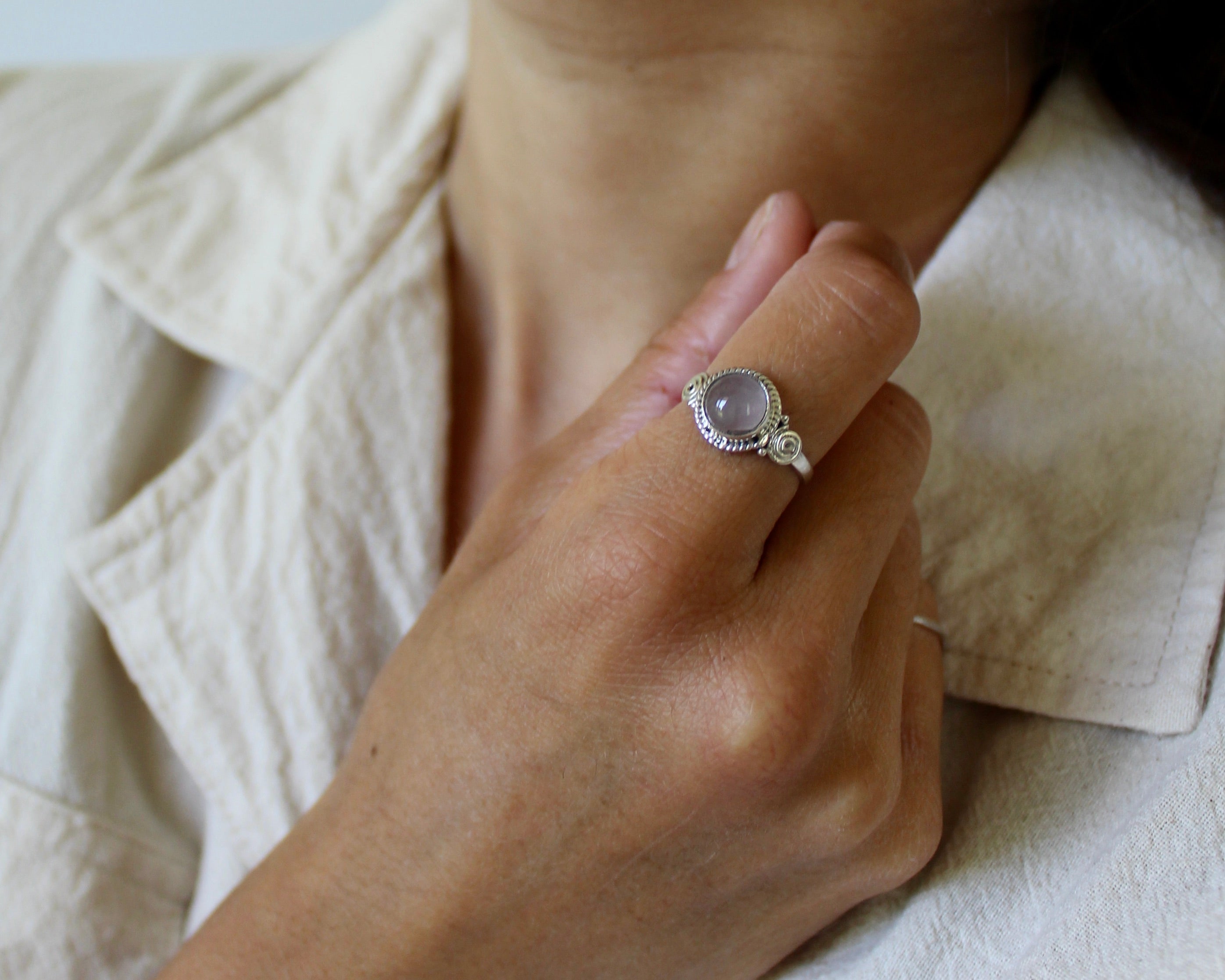 CRÉATIVE, bague argent sterling & pierre semi-précieuse, QUARTZ ROSE.