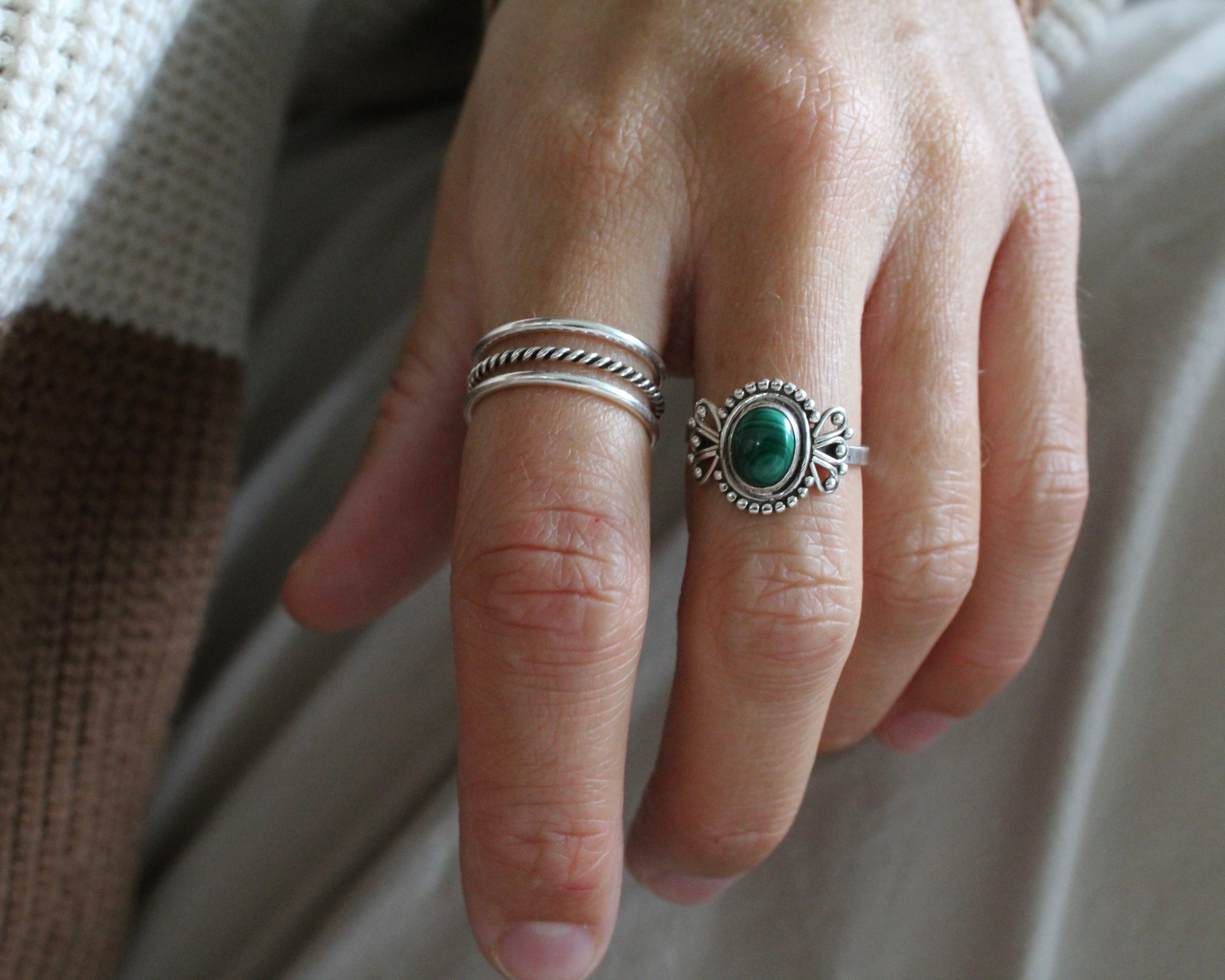 TENDRESSE, bague argent sterling, pierre semi-précieuse, malachite.