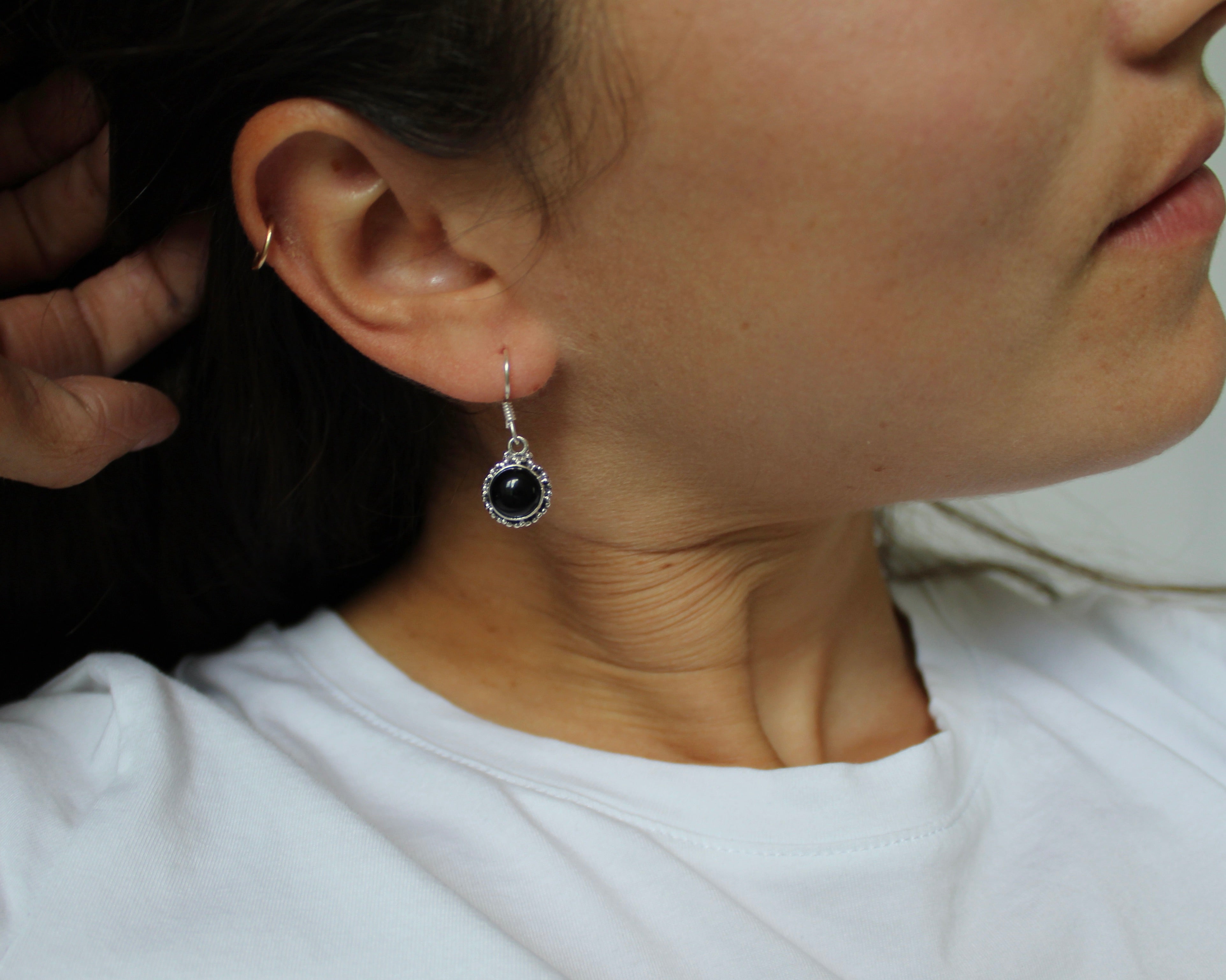 Boucle d'oreille argent sterling et pierre semi-précieuse, ONYX.